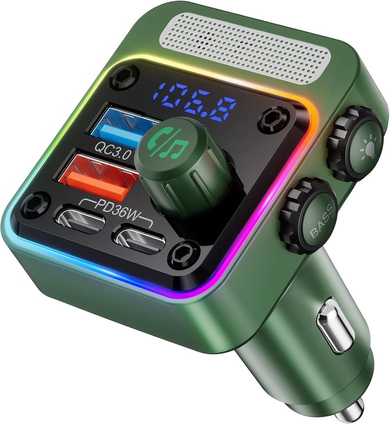 nulaxy 54W Bluetooth 5.3 Car Adapter with 4 Charging Ports [PD 36W & QC3.0 18W], Wireless Radio FM Transmitter with Deep Bass Player & 5 Colors LED Backlit, Hands-Free Calling - Green - Image 1